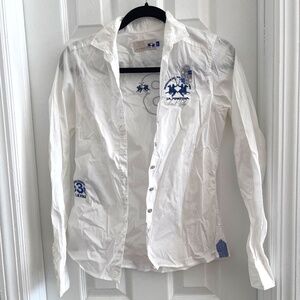 Elegant White Button Down Shirt with Blue Embroidery
